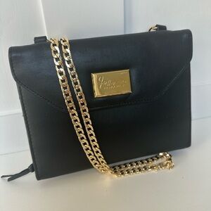 Vintage Fred Hayman Beverly Hills Black Leather Clutch - Gold Interior - USA